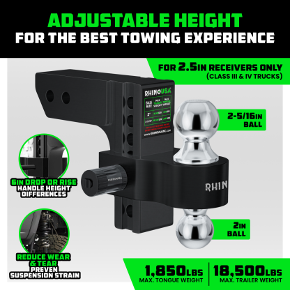 Rhino USA Adjustable Trailer Hitch (2.5-Inch Receiver) - Heavy Duty Aluminum Tow Hitches with 6-Inch Drop/Rise for Truck (18,500 LBS GTW)