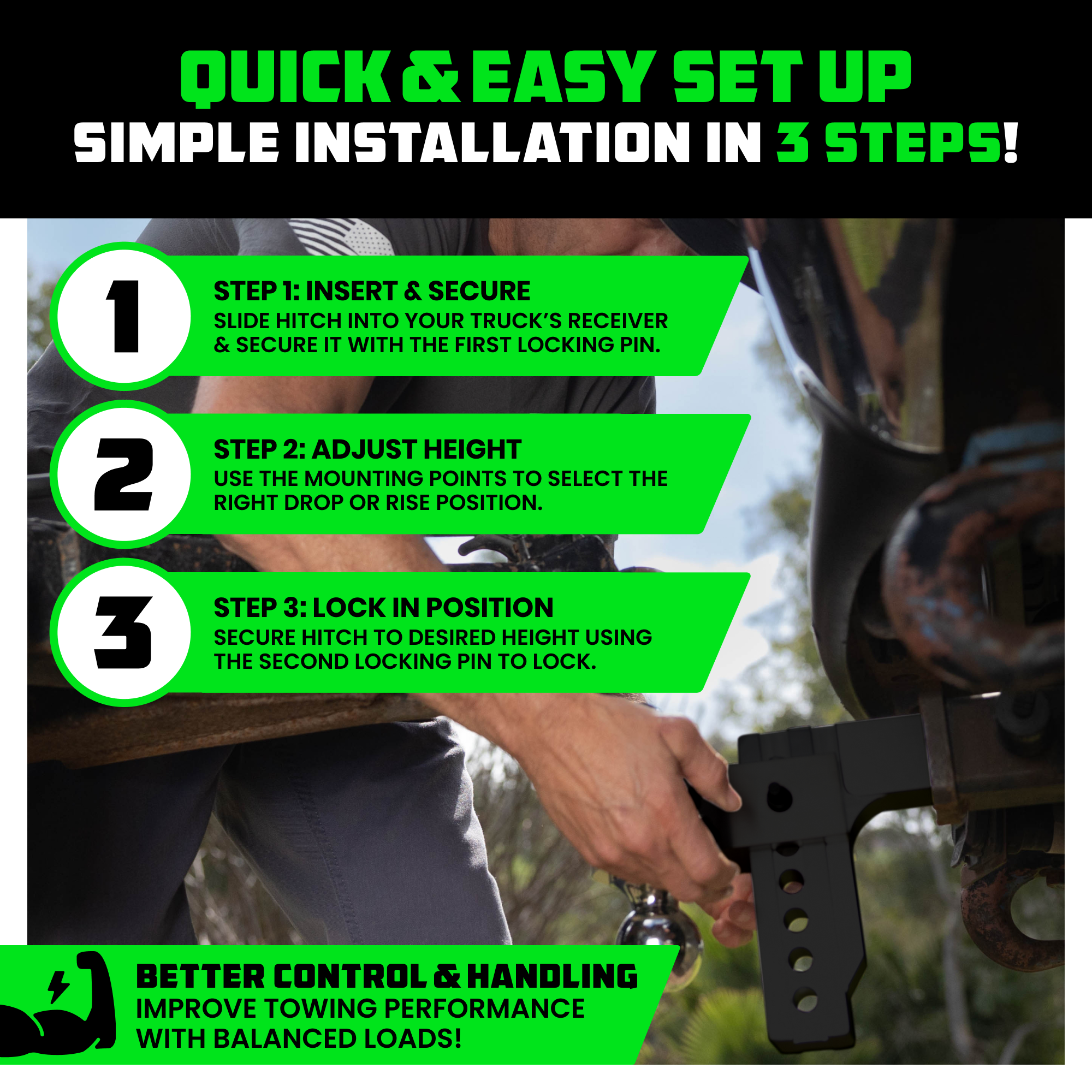 Rhino USA Adjustable Trailer Hitch (2.5-Inch Receiver) - Heavy Duty Aluminum Tow Hitches with 6-Inch Drop/Rise for Truck (18,500 LBS GTW)