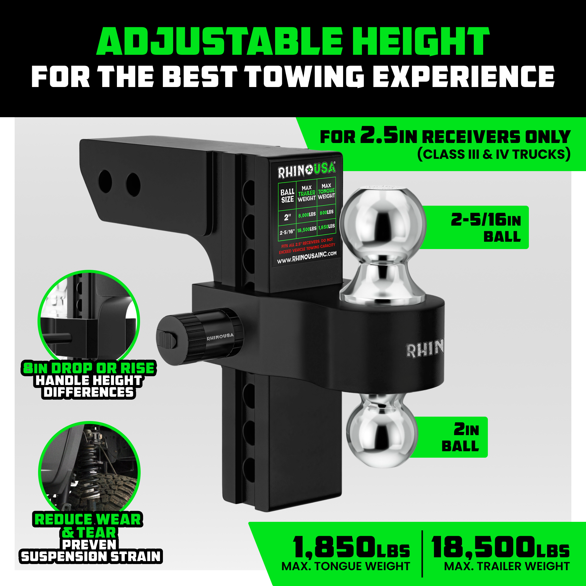 Rhino USA Adjustable Trailer Hitch (2.5-Inch Receiver) - Heavy Duty Aluminum Tow Hitches with 6-Inch Drop/Rise for Truck (18,500 LBS GTW)