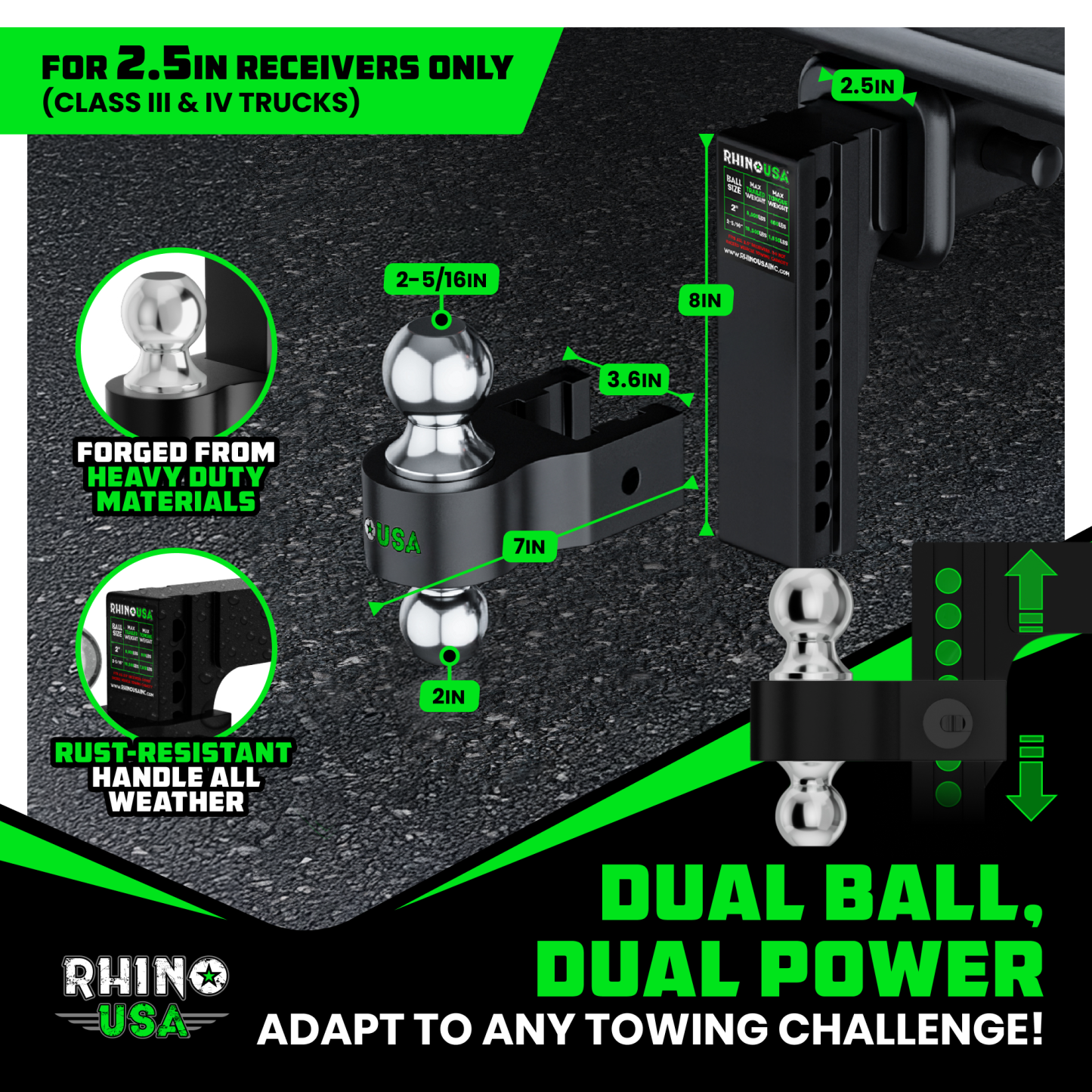Rhino USA Adjustable Trailer Hitch (2.5-Inch Receiver) - Heavy Duty Aluminum Tow Hitches with 6-Inch Drop/Rise for Truck (18,500 LBS GTW)