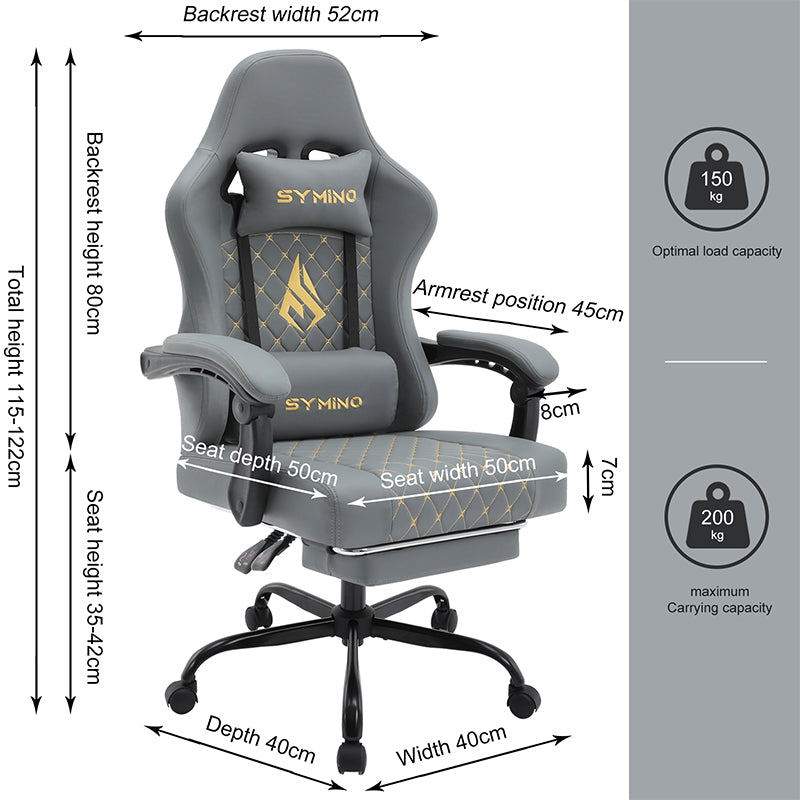 Fauteuil gaming SYMINO AM-Ergonomic en cuir PU style racing - Confortable et réglable, gris