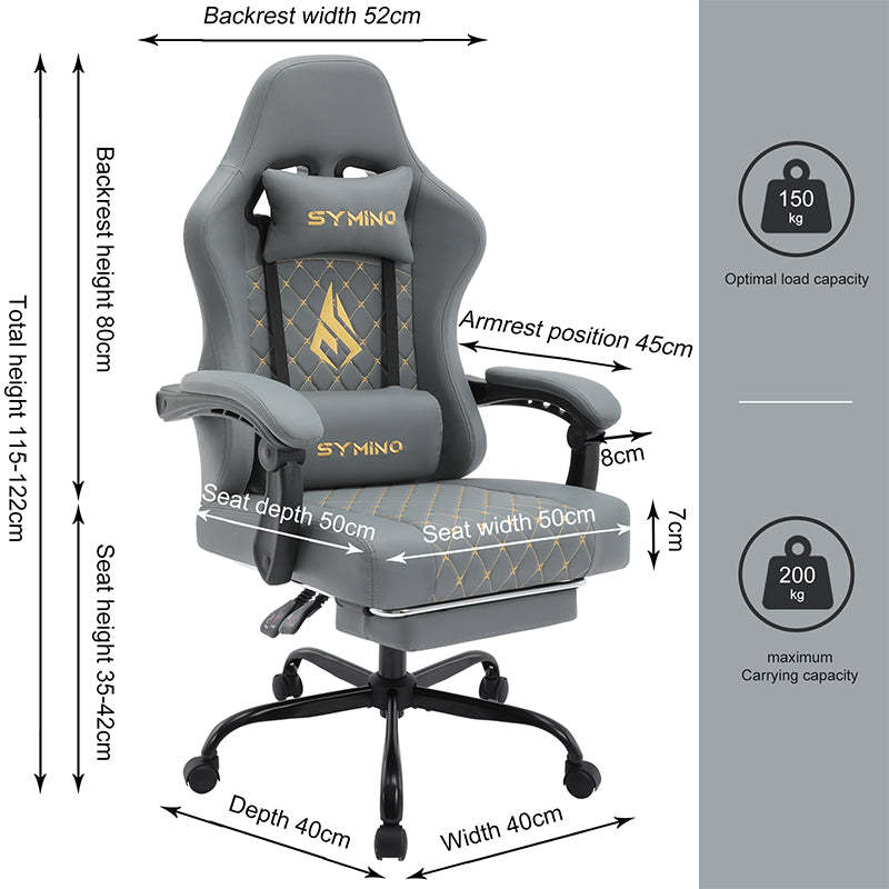Fauteuil gaming SYMINO AM-Ergonomic en cuir PU style racing - Confortable et réglable, gris
