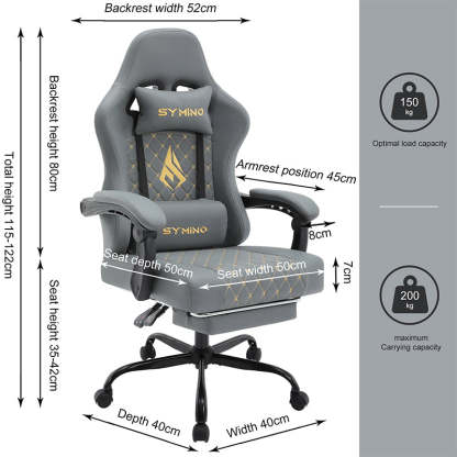 Fauteuil gaming SYMINO AM-Ergonomic en cuir PU style racing - Confortable et réglable, gris
