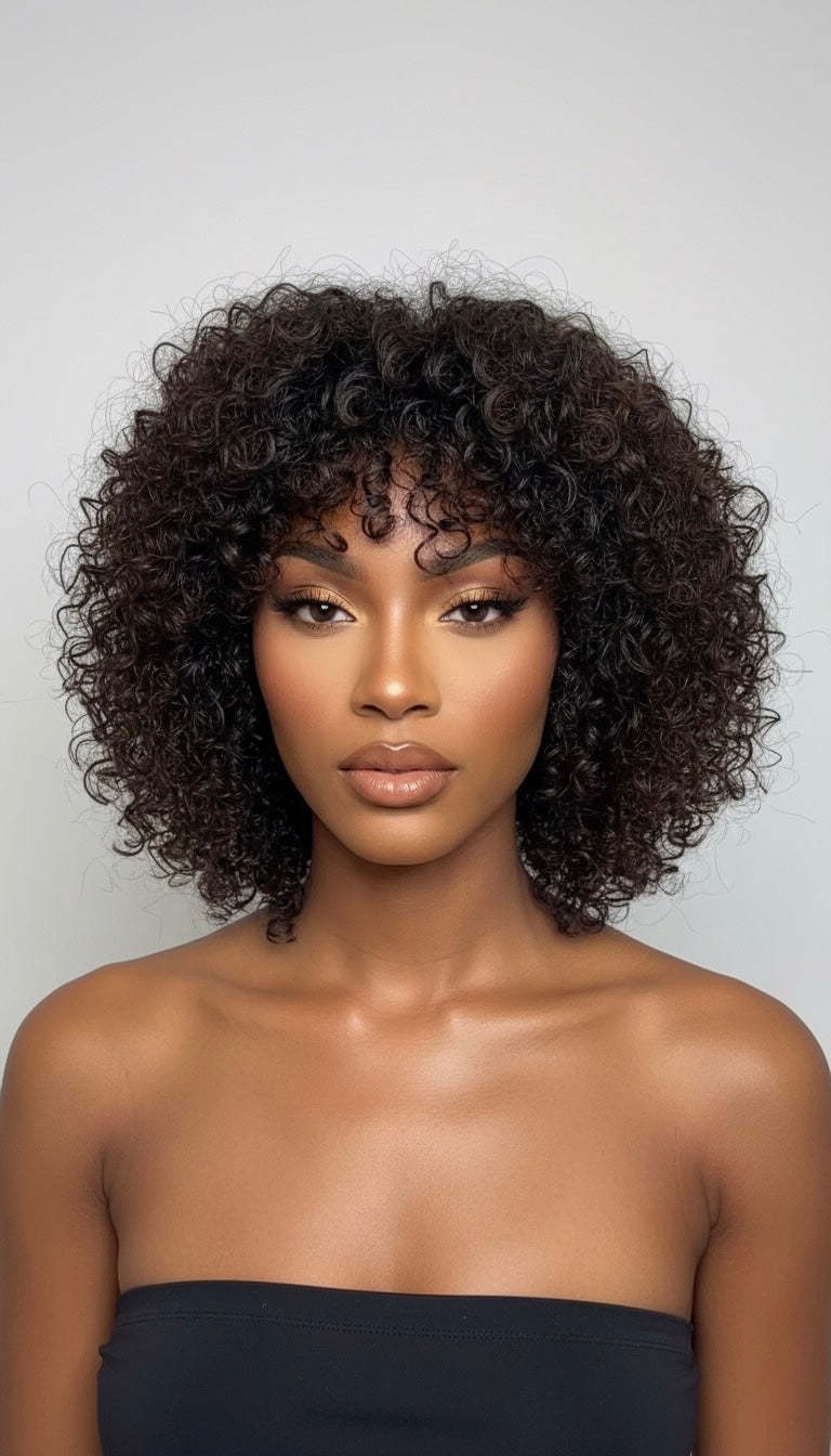 Perruque cheveux vierges -Ruth bouclés avec frange sans colle