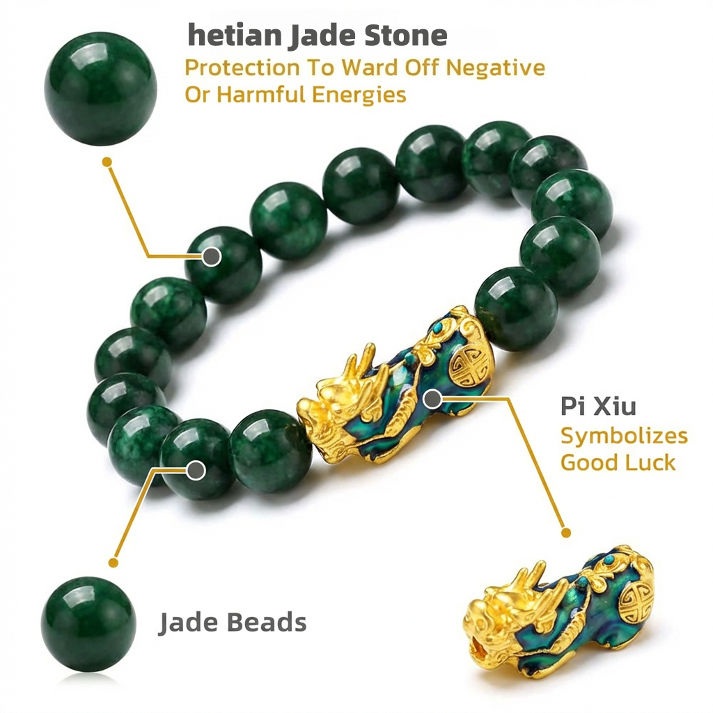 Fortune-Bringing PiXiu Jade Bracelet - Dynasty Jade Treasure · Hetian Jade/Falcon’s Eye, attracts wealth and brings good luck.