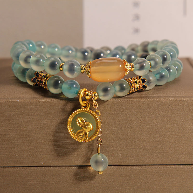 Sugar Heart Blue Agate Double-Layer Bracelet Women's Unique Design Light Luxury Retro Rabbit Multi-Strand Bracelet From a Millennium-Old Ancient Temple-WiAuGem