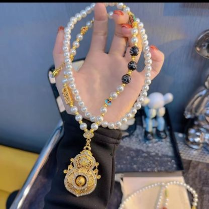 Diamond-Accented Gourd Faux Pearl Necklace Rotatable Pendant Elegant Versatile Chinese Style Long Sweater Chain for Women from a Millennium-Old Ancient Temple-WiAuGem