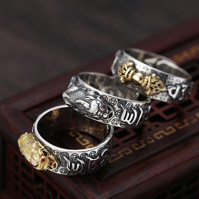 Lucky Fortune Pixiu Ring S925 Sterling Silver Open Adjustable Design Retro Unisex Jewelry with Six-Syllable Mantra Crafted From A Millennium-Old Ancient Temple-WiAuGem