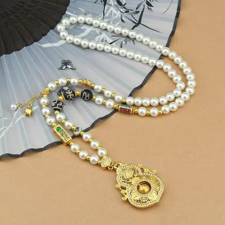 Diamond-Accented Gourd Faux Pearl Necklace Rotatable Pendant Elegant Versatile Chinese Style Long Sweater Chain for Women from a Millennium-Old Ancient Temple-WiAuGem