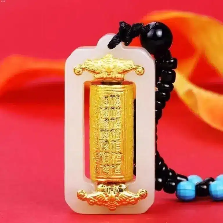 Fortune-Turning Cylinder Pendant Hundred Blessings Rotating Tube Charm Hetian Ink Jade Small Square Pendant Lucky Fortune Necklace Gift Crafted from a Millennium-Old Ancient Temple-WiAuGem