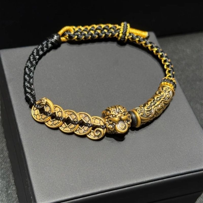 New Chinese Style Fortune Five Emperors Money High-Level Sense Old Brave Bracelet Domineering Gluttonous Transfer Beads Retro National Style Bracelet——Handmade from a Millennium Old Templer-WiAuGem