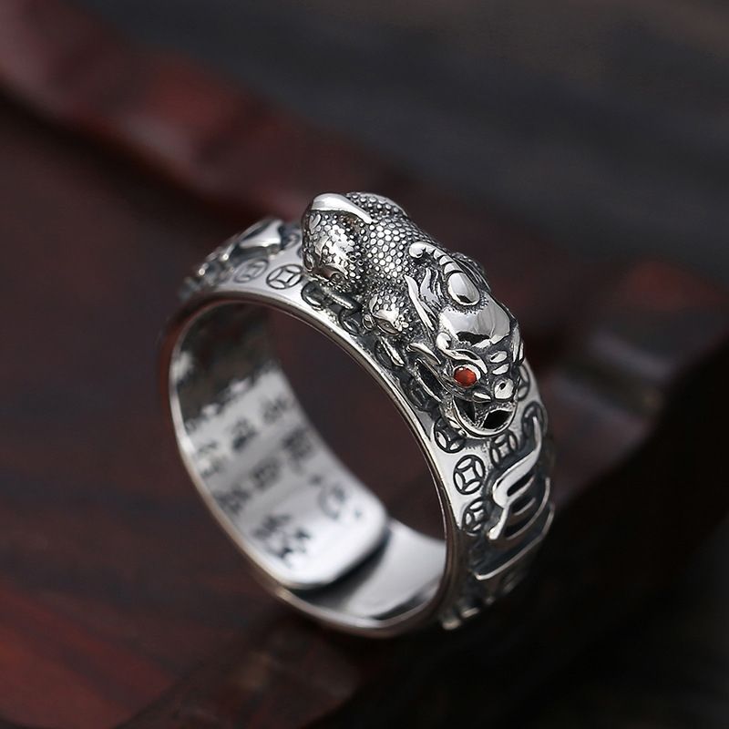 Lucky Fortune Pixiu Ring S925 Sterling Silver Open Adjustable Design Retro Unisex Jewelry with Six-Syllable Mantra Crafted From A Millennium-Old Ancient Temple-WiAuGem