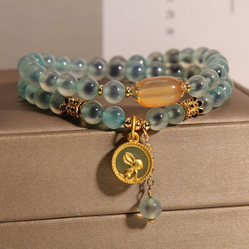Sugar Heart Blue Agate Double-Layer Bracelet Women's Unique Design Light Luxury Retro Rabbit Multi-Strand Bracelet From a Millennium-Old Ancient Temple-WiAuGem