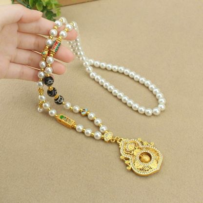 Diamond-Accented Gourd Faux Pearl Necklace Rotatable Pendant Elegant Versatile Chinese Style Long Sweater Chain for Women from a Millennium-Old Ancient Temple-WiAuGem