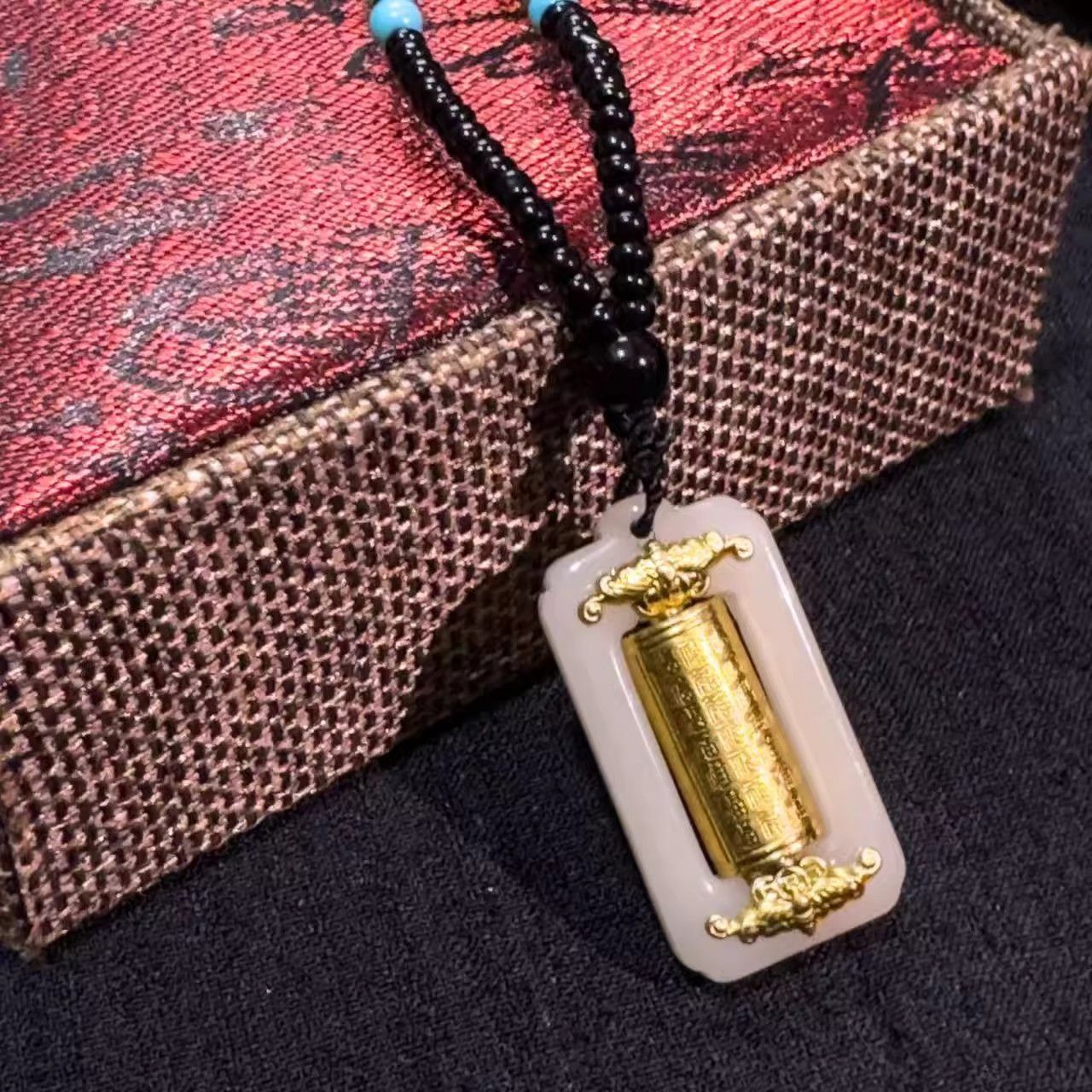 Fortune-Turning Cylinder Pendant Hundred Blessings Rotating Tube Charm Hetian Ink Jade Small Square Pendant Lucky Fortune Necklace Gift Crafted from a Millennium-Old Ancient Temple-WiAuGem