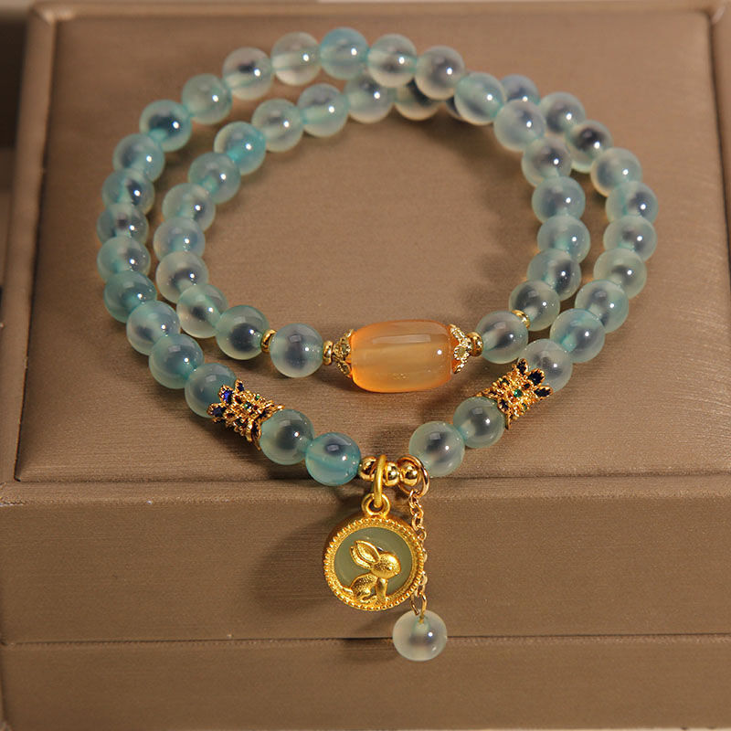 Sugar Heart Blue Agate Double-Layer Bracelet Women's Unique Design Light Luxury Retro Rabbit Multi-Strand Bracelet From a Millennium-Old Ancient Temple-WiAuGem
