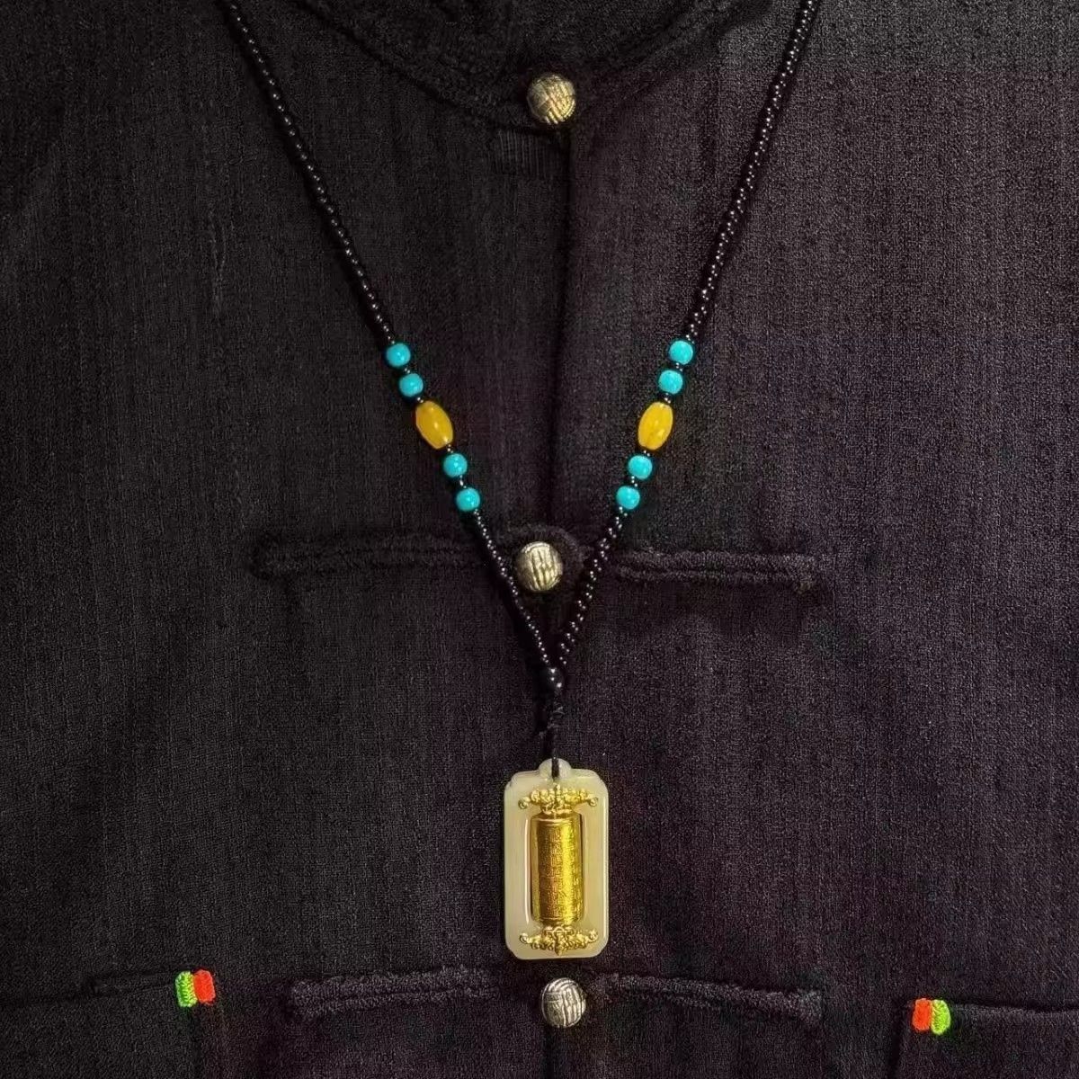 Fortune-Turning Cylinder Pendant Hundred Blessings Rotating Tube Charm Hetian Ink Jade Small Square Pendant Lucky Fortune Necklace Gift Crafted from a Millennium-Old Ancient Temple-WiAuGem