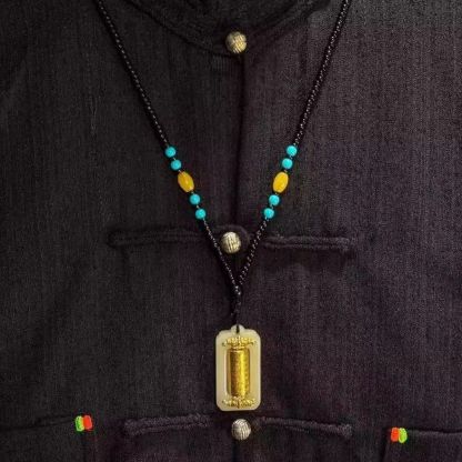 Fortune-Turning Cylinder Pendant Hundred Blessings Rotating Tube Charm Hetian Ink Jade Small Square Pendant Lucky Fortune Necklace Gift Crafted from a Millennium-Old Ancient Temple-WiAuGem