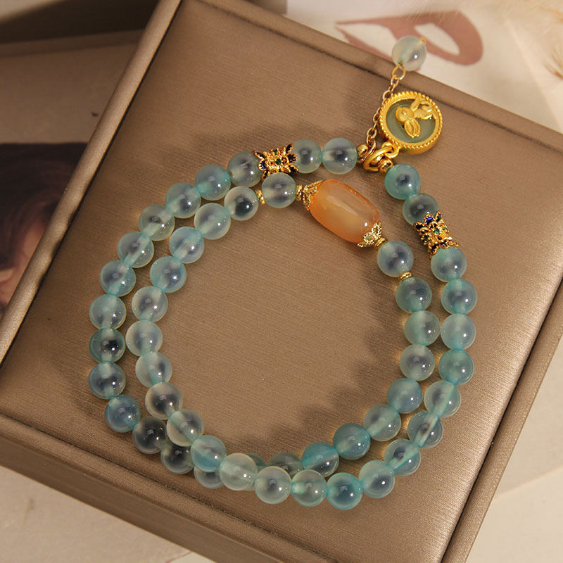 Sugar Heart Blue Agate Double-Layer Bracelet Women's Unique Design Light Luxury Retro Rabbit Multi-Strand Bracelet From a Millennium-Old Ancient Temple-WiAuGem