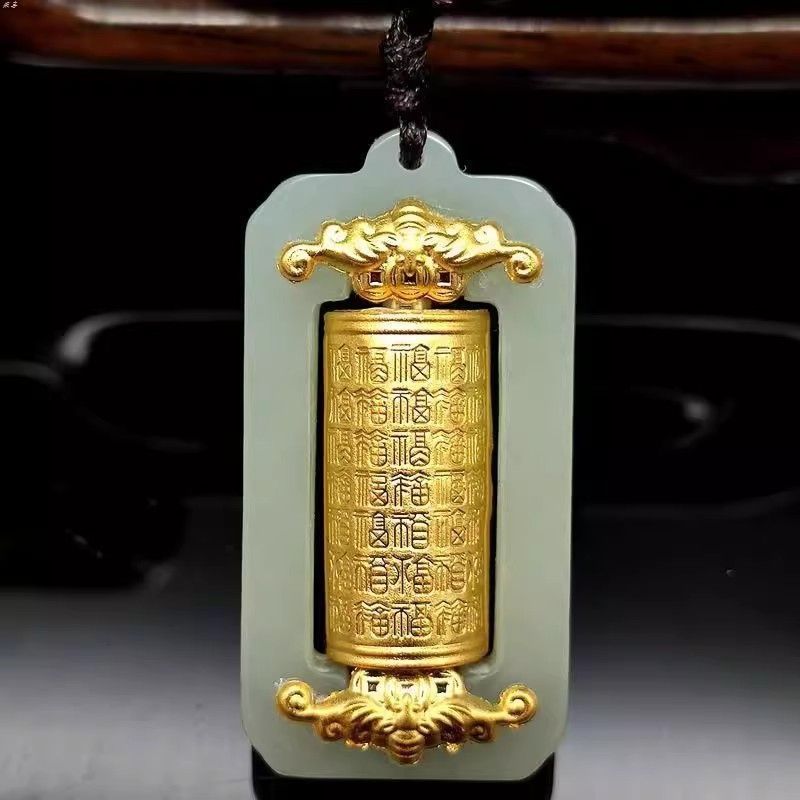 Fortune-Turning Cylinder Pendant Hundred Blessings Rotating Tube Charm Hetian Ink Jade Small Square Pendant Lucky Fortune Necklace Gift Crafted from a Millennium-Old Ancient Temple-WiAuGem