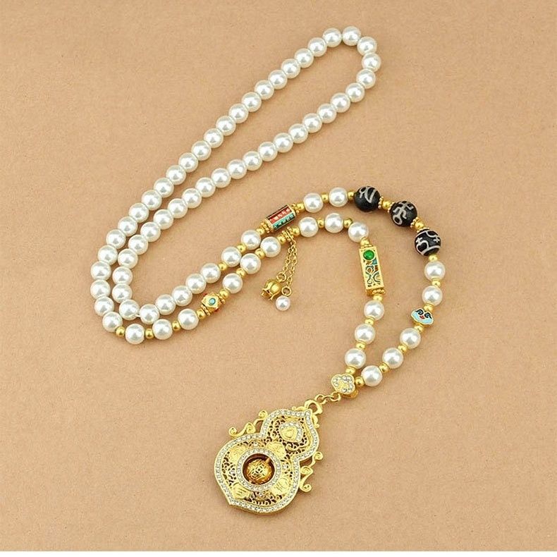 Diamond-Accented Gourd Faux Pearl Necklace Rotatable Pendant Elegant Versatile Chinese Style Long Sweater Chain for Women from a Millennium-Old Ancient Temple-WiAuGem