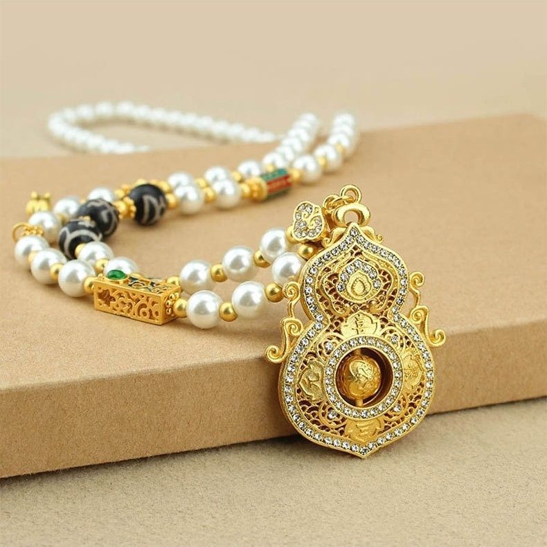 Diamond-Accented Gourd Faux Pearl Necklace Rotatable Pendant Elegant Versatile Chinese Style Long Sweater Chain for Women from a Millennium-Old Ancient Temple-WiAuGem