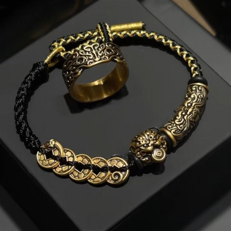 New Chinese Style Fortune Five Emperors Money High-Level Sense Old Brave Bracelet Domineering Gluttonous Transfer Beads Retro National Style Bracelet——Handmade from a Millennium Old Templer-WiAuGem