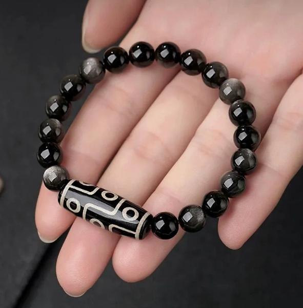 Natural Black Obsidian Nine-Eye Dzi Energy Bracelet-WiAuGem