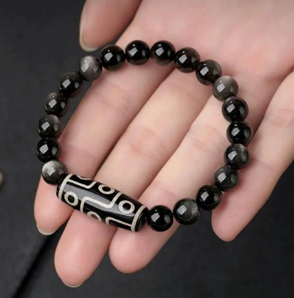 Natural Black Obsidian Nine-Eye Dzi Energy Bracelet-WiAuGem