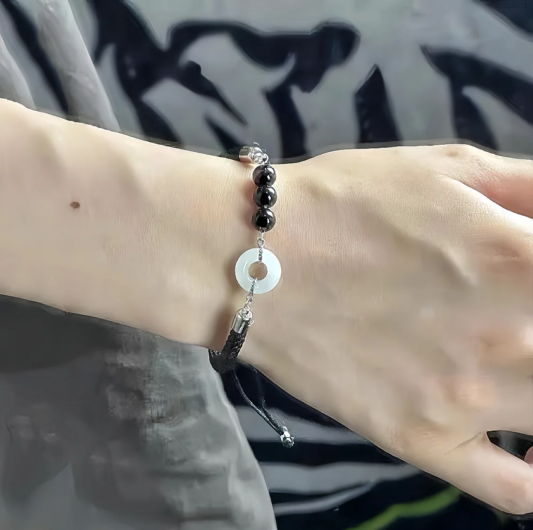 Black Onyx Beaded Safety Keeper Bracelet-WiAuGem