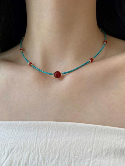 Natural turquoise and red agate necklace-WiAuGem
