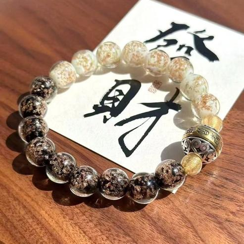Luminous Gold-Foil Glass Luck Bracelet with Turning Beads-WiAuGem