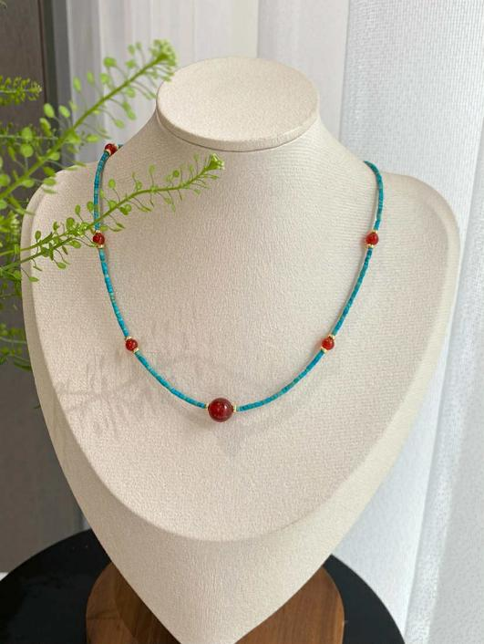 Natural turquoise and red agate necklace-WiAuGem