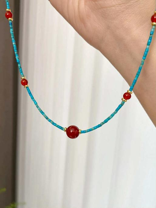 Natural turquoise and red agate necklace-WiAuGem
