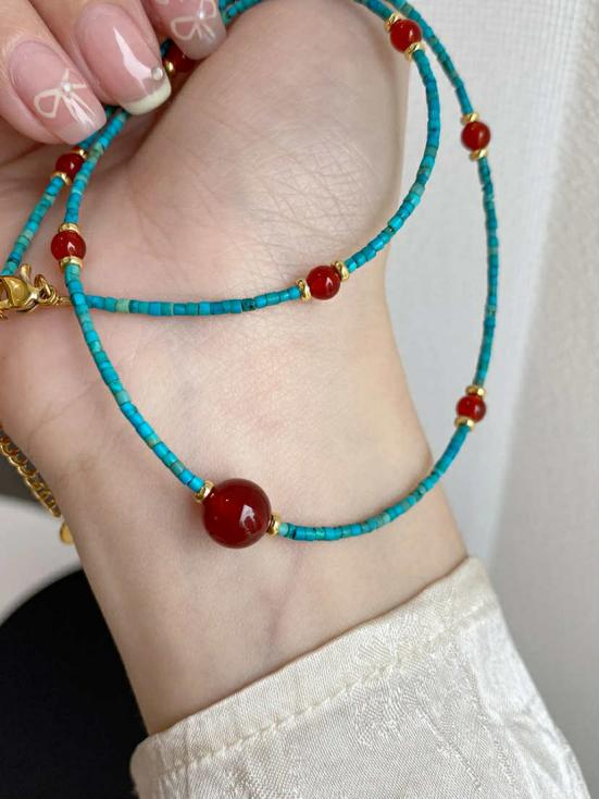 Natural turquoise and red agate necklace-WiAuGem