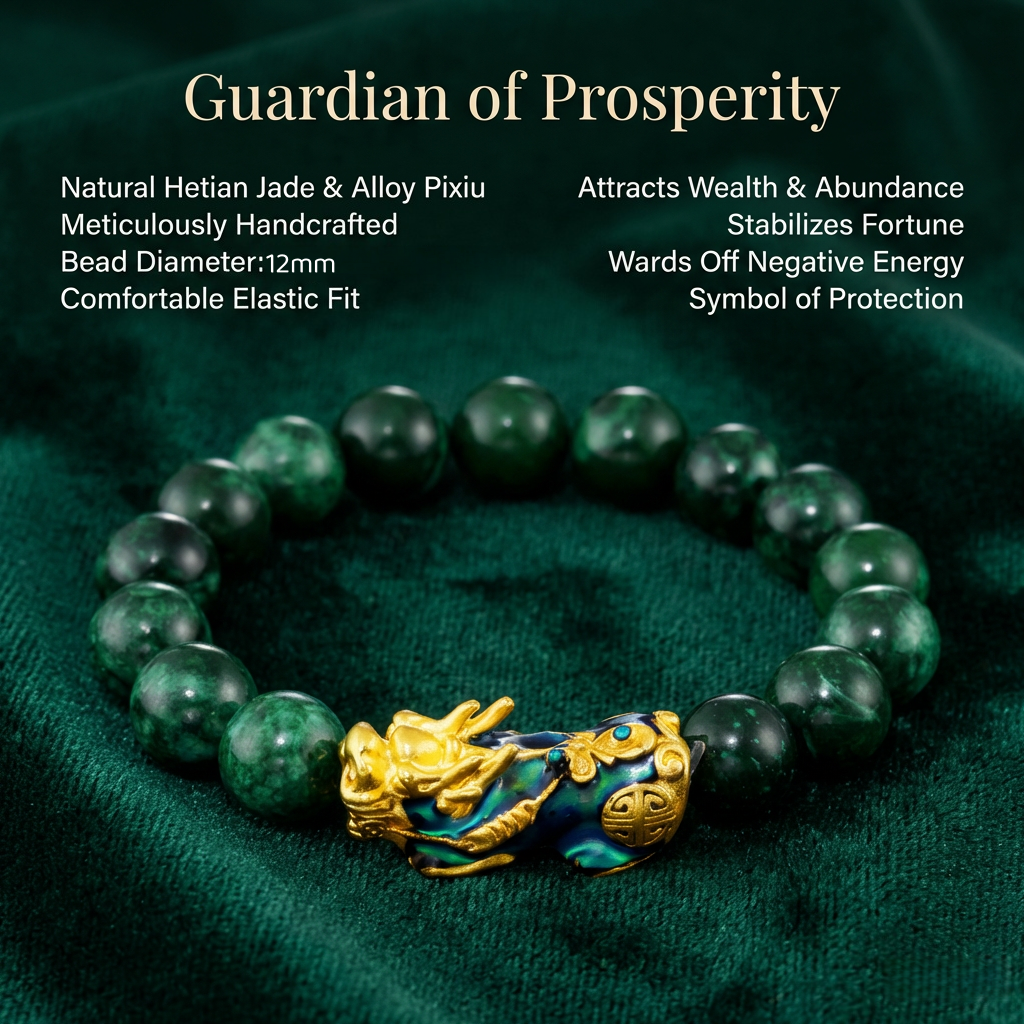 Fortune-Bringing PiXiu Jade Bracelet - Dynasty Jade Treasure · Hetian Jade/Falcon’s Eye, attracts wealth and brings good luck.