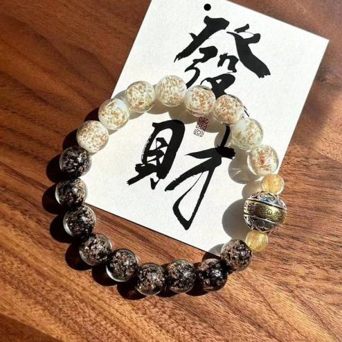 Luminous Gold-Foil Glass Luck Bracelet with Turning Beads-WiAuGem