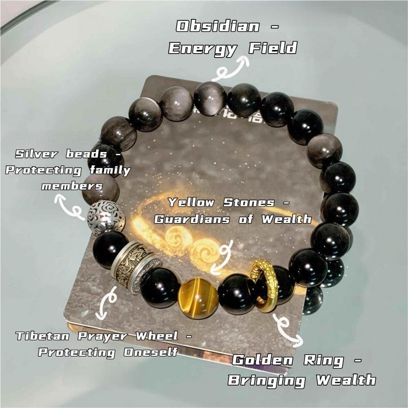 Pure natural silver obsidian bracelet for men and women to bring good luck and wealth Black obsidian bracelet-WiAuGem