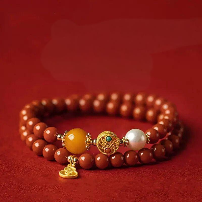 Original Natural South Red Agate Bracelet Women's Antique Multi-Circle Red Auspicious Bracelet Bracelet Women's Jewelry——Handmade from a Millennium Old Templer-WiAuGem