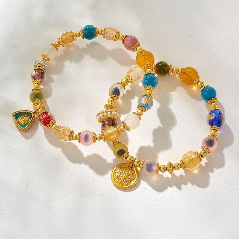 Natural Sugar Heart Agate  Yellow Fortune  Bracelet Incense Ash Porcelain Dopamine Vibe Beaded Bracelet Multi-Gem Jewelry for Luck   Wealth Crafted from a Millennium-Old Ancient Temple-WiAuGem
