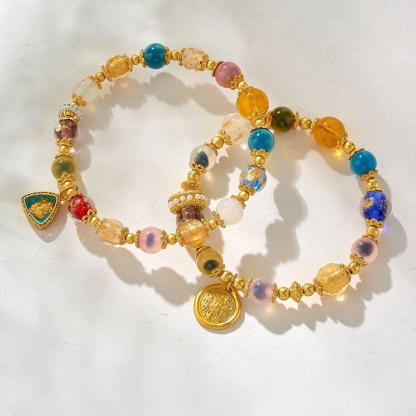 Natural Sugar Heart Agate "Yellow Fortune" Bracelet Incense Ash Porcelain Dopamine Vibe Beaded Bracelet Multi-Gem Jewelry for Luck & Wealth Crafted from a Millennium-Old Ancient Temple-WiAuGem