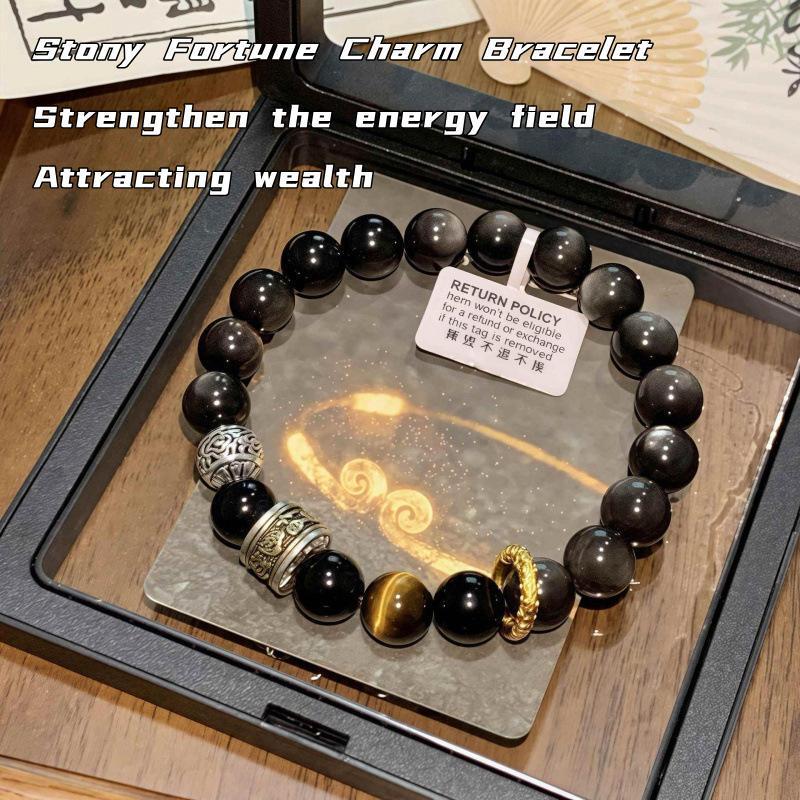 Pure natural silver obsidian bracelet for men and women to bring good luck and wealth Black obsidian bracelet-WiAuGem