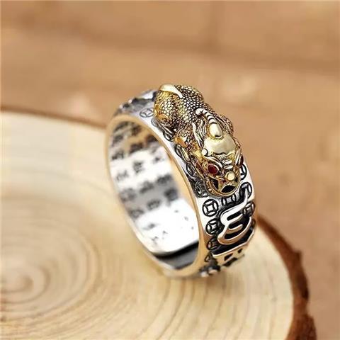 Lucky Fortune Pixiu Ring S925 Sterling Silver Open Adjustable Design Retro Unisex Jewelry with Six-Syllable Mantra Crafted From A Millennium-Old Ancient Temple-WiAuGem