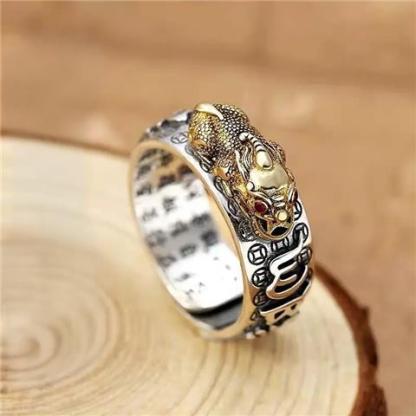 Lucky Fortune Pixiu Ring S925 Sterling Silver Open Adjustable Design Retro Unisex Jewelry with Six-Syllable Mantra Crafted From A Millennium-Old Ancient Temple-WiAuGem
