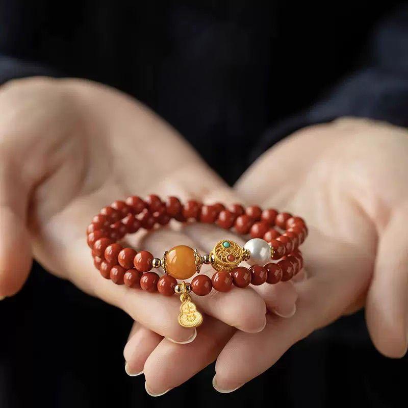 Original Natural South Red Agate Bracelet Women's Antique Multi-Circle Red Auspicious Bracelet Bracelet Women's Jewelry——Handmade from a Millennium Old Templer-WiAuGem
