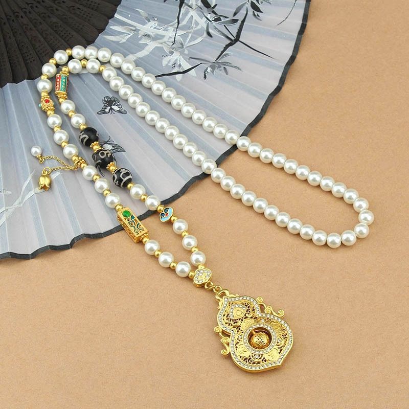 Diamond-Accented Gourd Faux Pearl Necklace Rotatable Pendant Elegant Versatile Chinese Style Long Sweater Chain for Women from a Millennium-Old Ancient Temple-WiAuGem