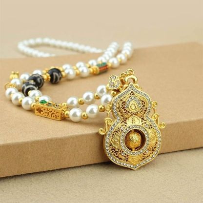 Diamond-Accented Gourd Faux Pearl Necklace Rotatable Pendant Elegant Versatile Chinese Style Long Sweater Chain for Women from a Millennium-Old Ancient Temple-WiAuGem