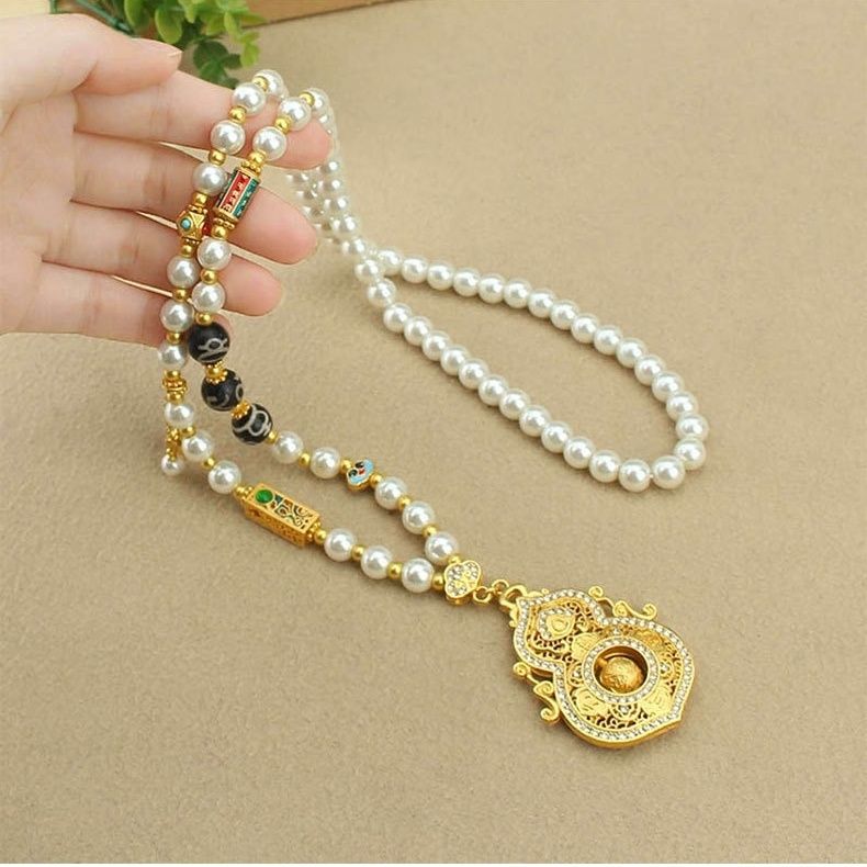 Diamond-Accented Gourd Faux Pearl Necklace Rotatable Pendant Elegant Versatile Chinese Style Long Sweater Chain for Women from a Millennium-Old Ancient Temple-WiAuGem