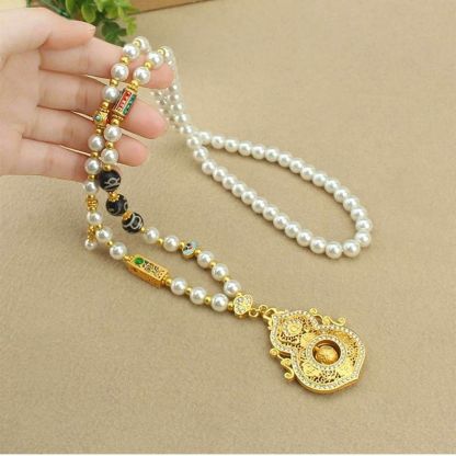 Diamond-Accented Gourd Faux Pearl Necklace Rotatable Pendant Elegant Versatile Chinese Style Long Sweater Chain for Women from a Millennium-Old Ancient Temple-WiAuGem
