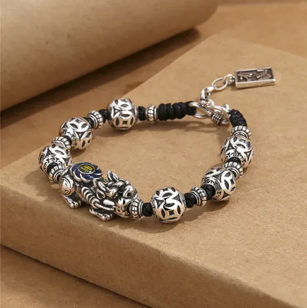 Handcrafted in a Thousand-Year-Old Temple【a Spiritual Talisman for Attracting Wealth】Feng Shui Pixiu Enamel 'Cai' Glyph Wealth Chain Bracelet-WiAuGem